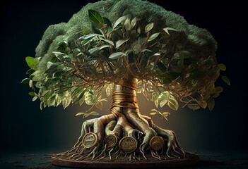 Large green money tree with crown and coins in roots. Generative AI