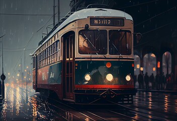 Oil painting style illustration, generative Ai, old tram - obrazy, fototapety, plakaty