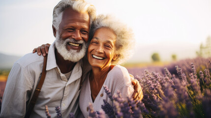Mature Mixed Race Couple Enjoying Sunshine in Summer Lavender Field copy space