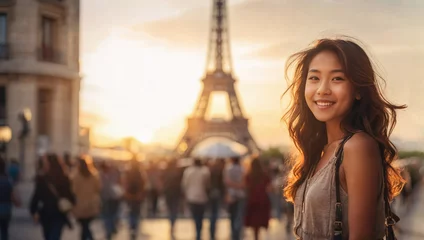 Papier Peint photo Tour Eiffel Donna di origini asiatiche sorride felice davanti alla Torre Eiffel al tramonto durante una vacanza a Parigi