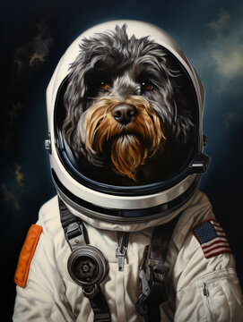 Funny Portuguese Water Dog Astronaut Portrait. Generative AI.