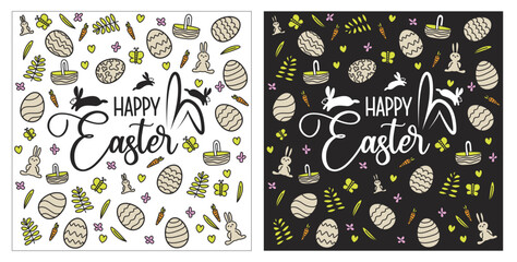 Happy Easter banner design with typography with cute design pattern of easter egg rabbit basket leaf heart carrot and grass in square shape
