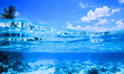 Turquoise Waters, Half underwater shot, Underwater View of Rocky Coastline, clear water and sunny blue sky, Tropical ocean