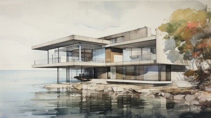 Watercolor sketch of a glass modern house architectual by the sea and tree on the side.