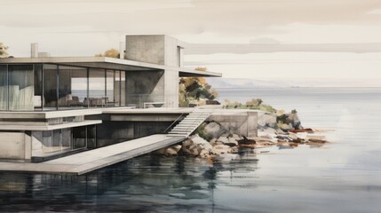 Fototapeta na wymiar Watercolor sketch of a glass modern house architectual by the sea and tree on the side.