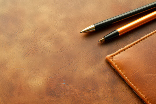 Office leather desk table with pen and pencil. Top view with copy space.