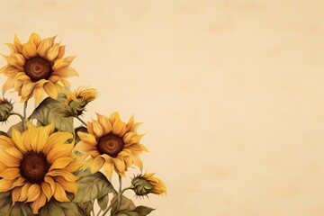 A bird's-eye view of sunflowers on a muted pastel background, offering an aesthetically pleasing canvas for text.