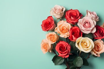 An HD photograph featuring a top view of a bouquet of roses with diverse colors, set against a pastel mint green background, perfect for text customization.