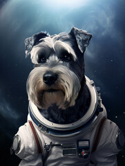 Funny Schnauzer Dog Astronaut Portrait. Generative AI.