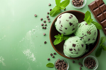 Bowl of mint chocolate chip ice cream with mint leaves - obrazy, fototapety, plakaty