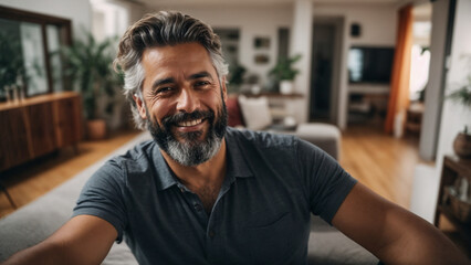 Happy mature Caucasian man taking a selfie portrait at home. Smiling at the camera, space for text
