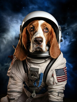 Funny Basset Fauve de Bertagne Dog Astronaut Portrait. Generative AI.
