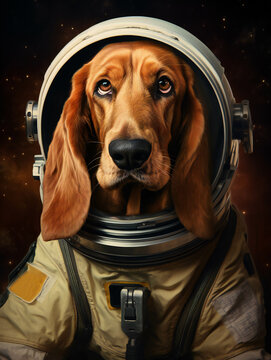 Funny Basset Fauve de Bertagne Dog Astronaut Portrait. Generative AI.