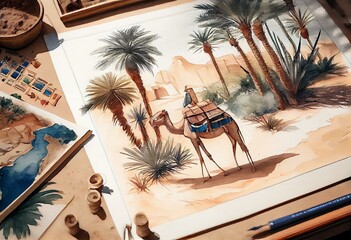 Watercolor painting, a landscape of the Arabian Peninsula in the past, for houses, palm trees and camels - used as a wall painting - digital painting -1. Generative AI
