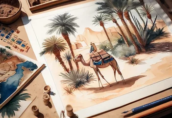 Foto op Plexiglas Watercolor painting, a landscape of the Arabian Peninsula in the past, for houses, palm trees and camels - used as a wall painting - digital painting -1. Generative AI © Yara