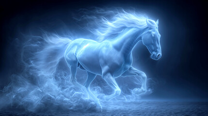 Obraz na płótnie Canvas majestic horse made of blue smoke and light, galloping through a dark space, creating an ethereal and dreamlike visual