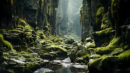 A patch of moss-covered rocks, highlighting the soft, velvety texture of the moss against the rugged stones - obrazy, fototapety, plakaty