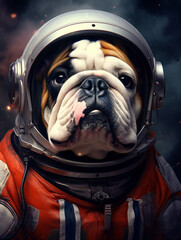 Funny British bulldog Dog Astronaut Portrait. Generative AI.