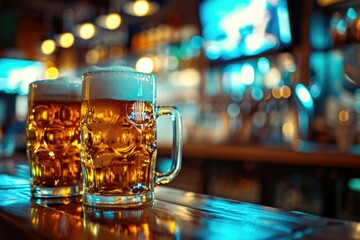 Soccer match celebration with pals. Closeup shot of chilled beer mugs on tavern counter, primed for team cheering. Background features pub's television, epitomizing ultimate male leisure. Generated AI