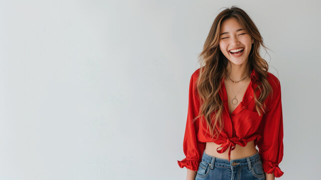 Asian woman wearing red shirt smiling laugh out loud isolated on grey