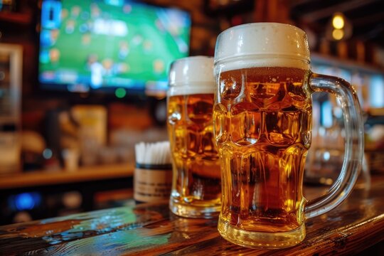 Snapshot of a sports bar vibe: chilled lager glasses on wood table, football playing on the TV, setting the scene for enthusiasts' relaxation. Generated AI - Powered by Adobe