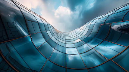 Modern Architecture Skyscraper With Curved Facade Against Blue Sky - obrazy, fototapety, plakaty