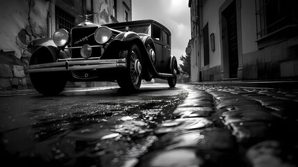 Vintage Classic Car Roadster on Cobblestone Street in Black and White - obrazy, fototapety, plakaty