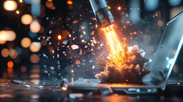 High-Impact Rocket Launch from a Laptop Symbolizing Powerful Startup and Innovation
