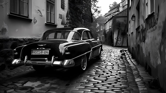Fototapeta Vintage Classic Car Roadster on Cobblestone Street in Black and White