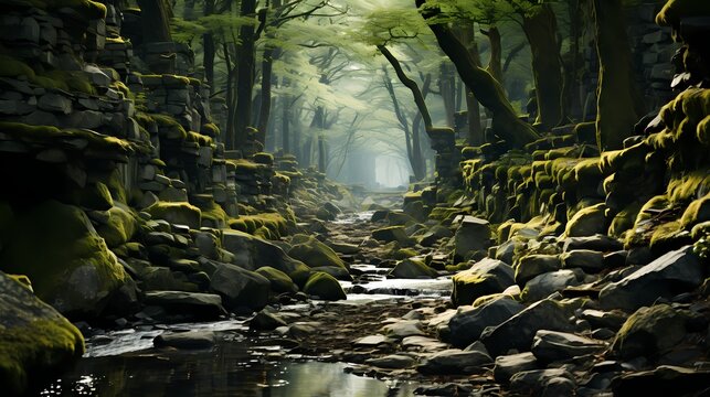 A patch of moss-covered rocks in a serene forest, displaying a soft and velvety texture