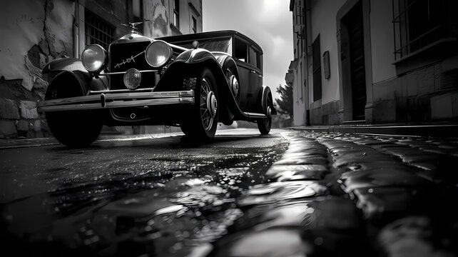 Vintage Classic Car Roadster on Cobblestone Street in Black and White