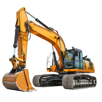 Yellow Hydraulic Excavator with Articulated Arm and Tracked Chassis on Transparent Background