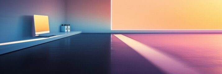 Fototapeta premium Futuristic room with large windows, colorful lighting, and modern minimalist design.