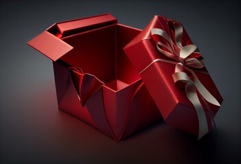 Surprise gift box, red color open gift box with ribbon isolated on white. Generative AI