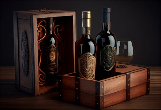 Wooden boxes with wine bottles. Image with clipping path. Generative AI