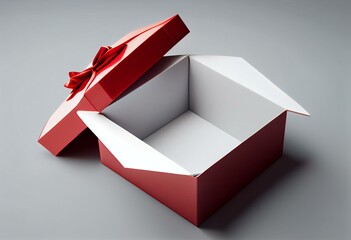 Open red gift box or blank present box with red ribbon bow isolated on white background with reflections and shadows 3D rendering. Generative AI