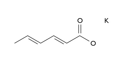 potassium sorbate molecule, structural chemical formula, ball-and-stick model, isolated image food preservative e202 - obrazy, fototapety, plakaty