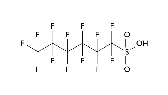 perfluorohexanesulfonic acid molecule, structural chemical formula, ball-and-stick model, isolated image pfhxs