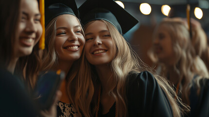 On their graduation day, smiling blonde twin sisters wear traditional robes and hats - obrazy, fototapety, plakaty