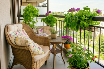 Fototapeta na wymiar cozy patio balcony, seating area with wicker furniture and many plants