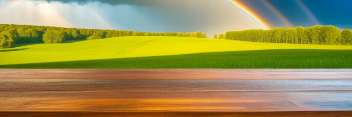 Empty wooden table with copy space for product presentation, against the backdrop of a summer green meadow with a rainbow on the horizon.