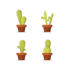 Green Cactus in Brick Pots: Vector Illustration of Decorative Houseplants