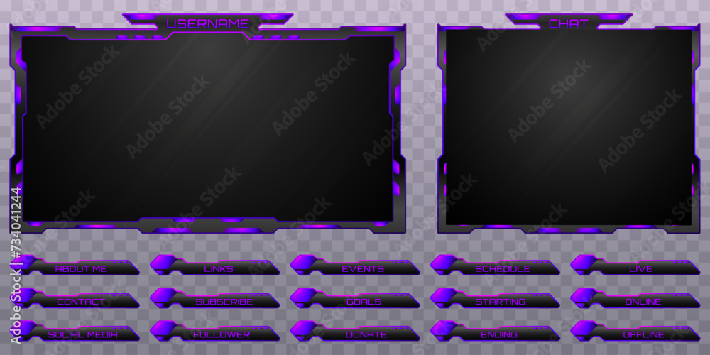 Poster futuristic purple border stream overlay screen frame and stream alert gui panels for live webcam bro