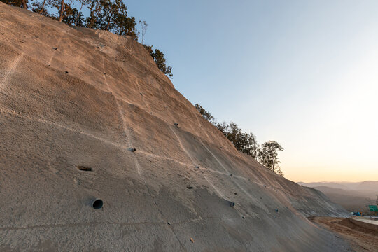 finished shotcrete prevent rock fall side the highway from Tak province to Mae Sot districk, Thailand