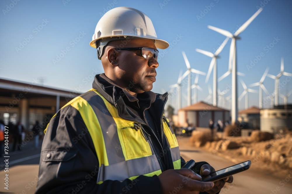Poster an engineer reviews project and analyzing data on a laptop with wind turbines at wind farm site.