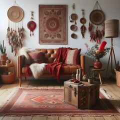 room with a tan wall adorned with multiple dream  bohemian atmosphere.