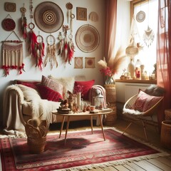 room with a tan wall adorned with multiple dream  bohemian atmosphere.
