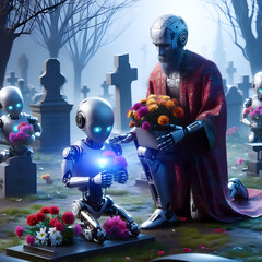illustration of humanoid robots laying flowers at cemetery symbol and concept of future