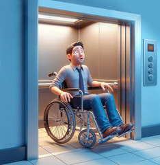A cartoon man in a wheelchair inside an elevator.