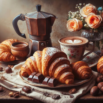 A still life image featuring croissants, coffee, chocolate, and flowers.